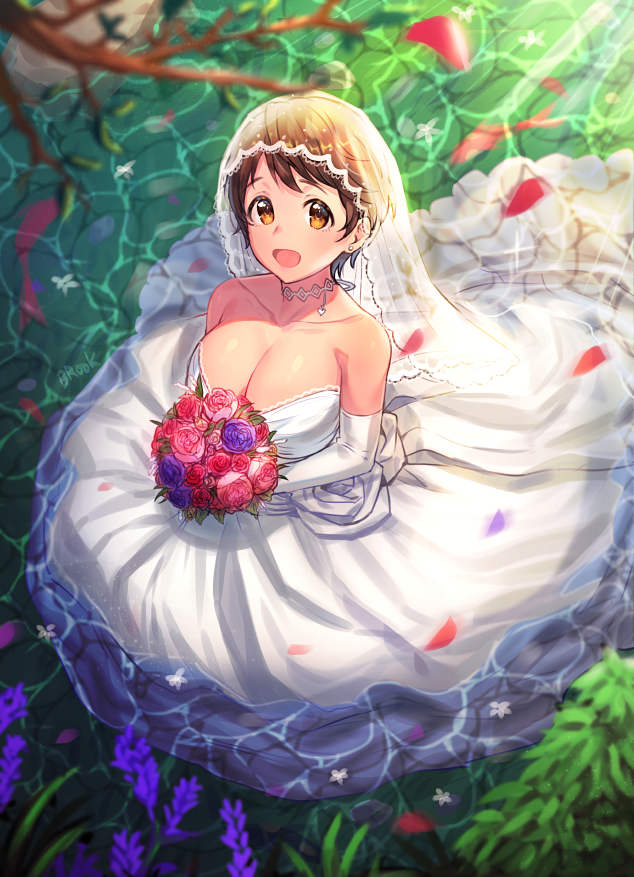 :d alternate_costume apple_brk bare_shoulders bouquet breasts bridal_veil brown_eyes brown_hair bush choker cleavage collarbone dress earrings elbow_gloves falling_petals flower gloves holding holding_bouquet idolmaster idolmaster_cinderella_girls jewelry large_breasts long_dress looking_at_viewer oikawa_shizuku open_mouth outdoors partially_submerged petals pink_flower pink_rose purple_flower red_flower red_rose rose short_hair smile solo strapless strapless_dress stud_earrings sunlight veil wedding_dress white_dress white_gloves yellow_eyes