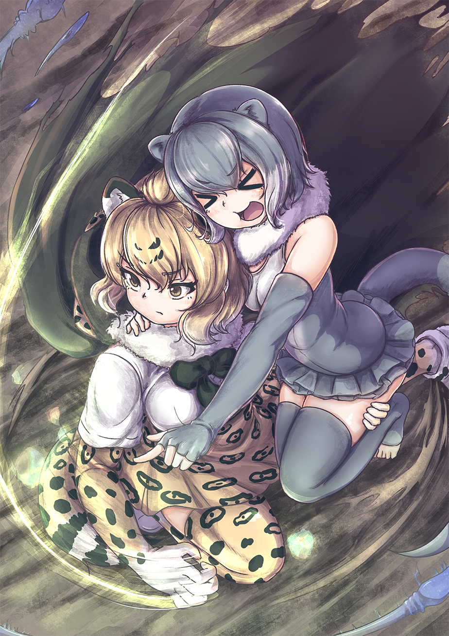 &gt;_&lt; 2girls :d animal_ears animal_print arm_around_neck bangs bare_shoulders black_hair blonde_hair bow bowtie cape carrying cerulean_(kemono_friends) closed_mouth detached_collar elbow_gloves extra_ears eyebrows_visible_through_hair eyes_closed fingerless_gloves folded from_above fur_collar gloves grey_gloves grey_hair grey_legwear hair_between_eyes hand_on_another's_thigh head_on_head highres hood hood_down hooded_cape jaguar_(kemono_friends) jaguar_ears jaguar_print jaguar_tail kemono_friends medium_hair motion_lines multicolored_hair multiple_girls okyao one-piece_swimsuit open_mouth otter_ears otter_tail outstretched_arm outstretched_leg pointing print_gloves print_legwear print_skirt serious shoes sidelocks skirt small-clawed_otter_(kemono_friends) smile squatting swimsuit tail tentacle thighhighs toeless_legwear toes two-tone_hair white_hair xd yellow_eyes zettai_ryouiki