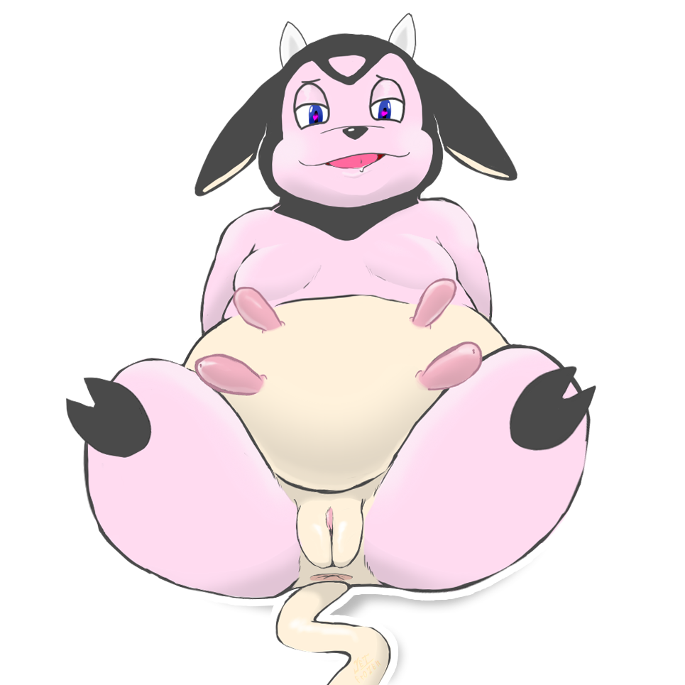alpha_channel anus blue_eyes bovine female feral fur half-closed_eyes hooves horn jetfrozen looking_at_viewer mammal miltank nintendo open_mouth pink_fur pok&eacute;mon pussy simple_background sitting slightly_chubby smile solo spread_legs spreading teats tongue transparent_background video_games