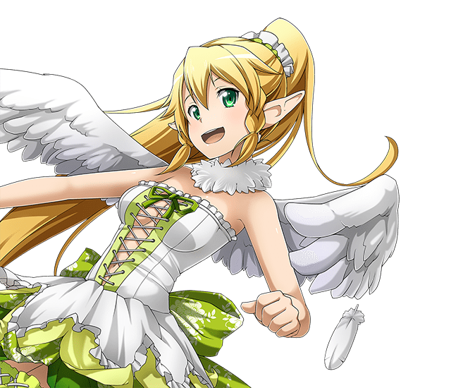 :d blonde_hair braid breasts choker cleavage dress feathered_wings floating_hair green_eyes green_legwear high_ponytail leafa leaning_back long_hair medium_breasts official_art open_mouth pointy_ears short_dress sleeveless sleeveless_dress smile solo strapless strapless_dress sword_art_online sword_art_online:_code_register thighhighs transparent_background twin_braids white_wings wings