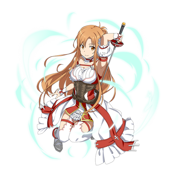 arm_up asuna_(sao) breasts brown_hair choker detached_sleeves full_body holding holding_sword holding_weapon large_breasts long_hair official_art rapier solo sword sword_art_online sword_art_online:_code_register thigh_strap thighhighs transparent_background very_long_hair weapon white_legwear wrist_cuffs