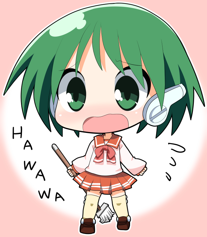 :o android bangs blush bow bowtie brown_footwear chibi clenched_hand commentary_request embarrassed eyebrows_visible_through_hair flat_chest flying_sweatdrops full_body green_eyes green_hair legs_apart loafers long_sleeves looking_at_viewer miniskirt mop multi nose_blush open_mouth osaragi_mitama outline parted_bangs pink_background pink_bow pink_neckwear pink_shirt pleated_skirt raised_eyebrows red_sailor_collar red_skirt robot_ears sailor_collar school_uniform serafuku shirt shoes short_hair simple_background skirt sleeve_cuffs sleeves_past_wrists standing surprised thighhighs to_heart two-tone_background wavy_mouth white_background wide-eyed yellow_legwear zettai_ryouiki