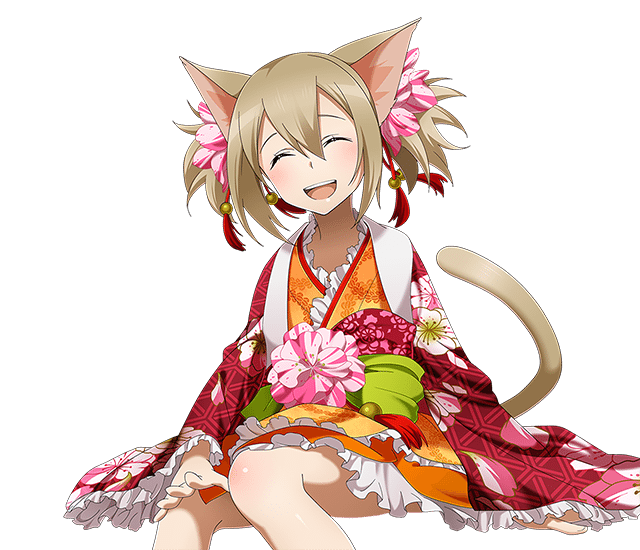 animal_ears brown_hair cat_ears cat_tail closed_eyes hair_between_eyes head_tilt invisible_chair japanese_clothes kimono long_hair obi official_art open_mouth orange_kimono sash shiny shiny_skin short_twintails silica silica_(sao-alo) sitting smile solo sword_art_online sword_art_online:_code_register tail transparent_background twintails yukata