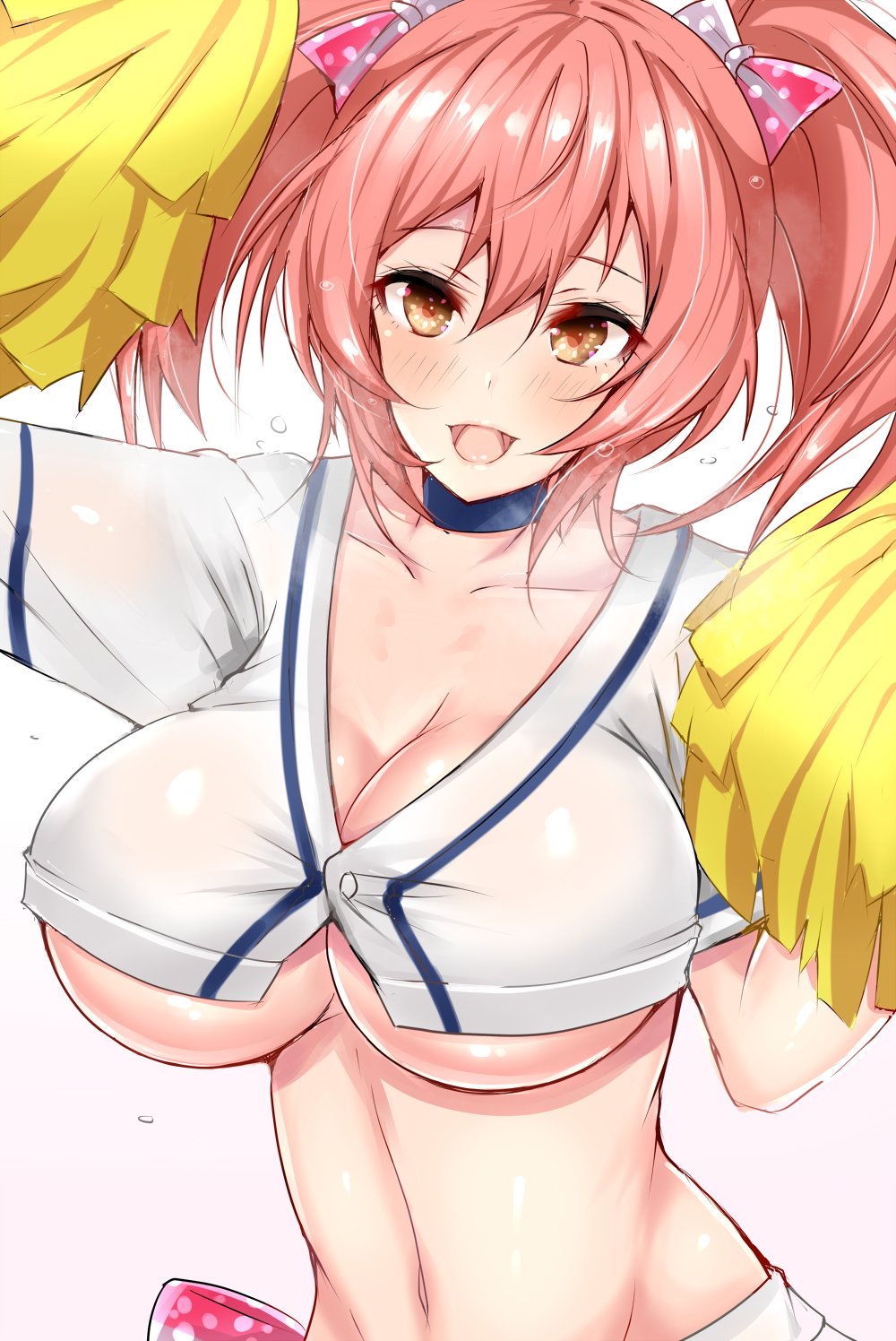 bangs blush bow breasts bursting_breasts cheerleader choker cleavage collarbone commentary_request eyelashes hair_bow hands_up highres idolmaster idolmaster_cinderella_girls jougasaki_mika large_breasts looking_at_viewer midriff navel open_mouth pink_hair pom_poms sankakusui shiny shiny_skin sidelocks simple_background smile solo sweat twintails underboob white_background yellow_eyes