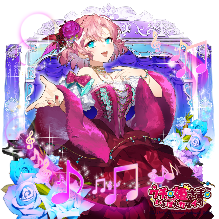 1girl :d beamed_eighth_notes blue_eyes blue_flower bow bracelet braid copyright_name curtains dress flower hair_flower hair_ornament jewelry logo musical_note nail_polish official_art open_mouth pink_bow pink_dress pink_hair red_nails smile solo standing sukja treble_clef uchi_no_hime-sama_ga_ichiban_kawaii