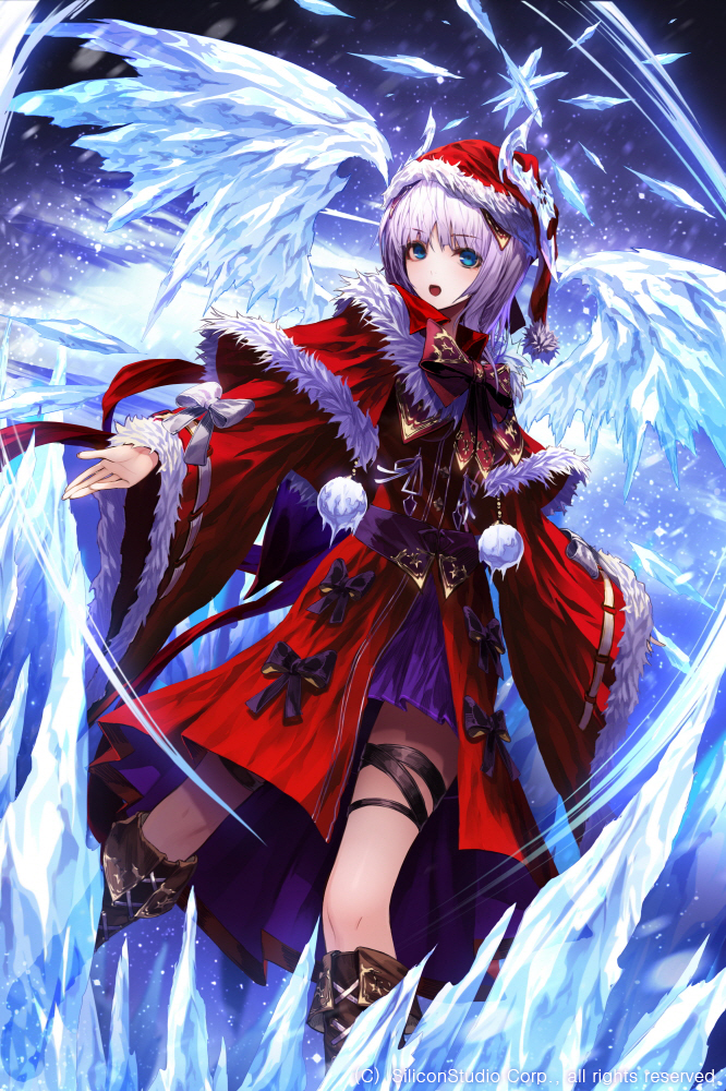 bad_id bad_pixiv_id blue_eyes boots bow copyright_request eyebrows_visible_through_hair hat ice knee_boots long_sleeves looking_at_viewer open_mouth red_hat santa_hat short_hair silver_hair solo wanke white_bow