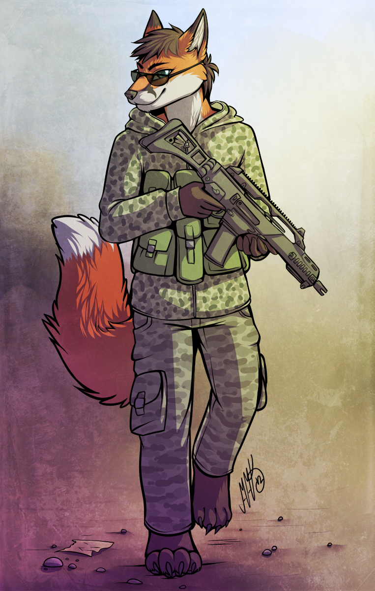 2012 4_toes anthro barefoot canine clothed clothing eyewear fox fur green_eyes gun holding_object holding_weapon male mammal neotheta orange_fur ranged_weapon smile solo sunglasses toes weapon
