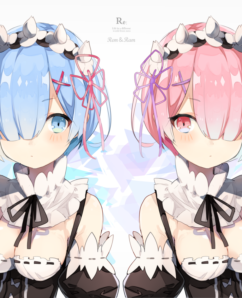 bangs blue_eyes blue_hair blush breasts character_name cleavage closed_mouth collar commentary_request copyright_name detached_collar detached_sleeves eyebrows_visible_through_hair frilled_collar frills grey_background hair_ornament hair_ribbon maid maid_headdress medium_breasts mirror_twins multiple_girls nuudoru pink_eyes pink_hair pink_ribbon purple_ribbon ram_(re:zero) re:zero_kara_hajimeru_isekai_seikatsu rem_(re:zero) ribbon short_hair siblings simple_background sisters twins upper_body x_hair_ornament