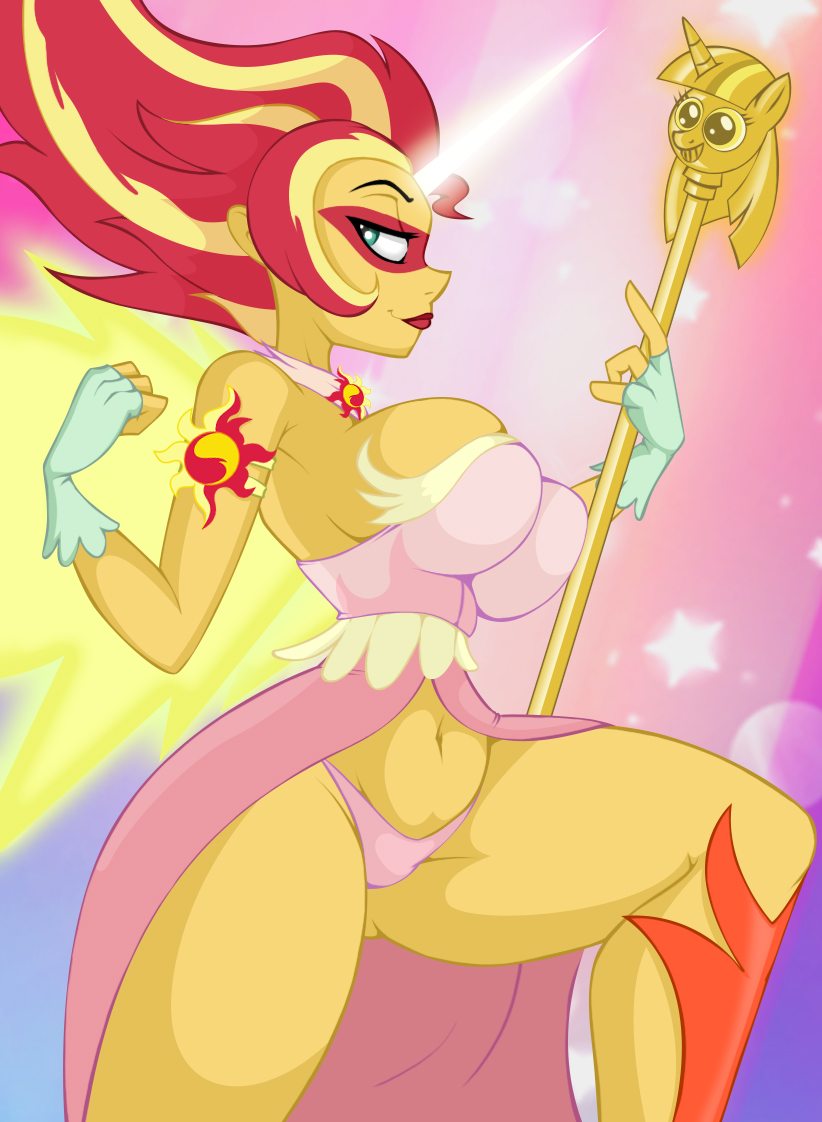 2017 animal_humanoid blue_eyes breasts cleavage clothed clothing equestria_girls equine female friendship_is_magic gloves horn humanoid jrvanesbroek mammal mask my_little_pony sunset_shimmer_(eg) thick_thighs twilight_scepter_(mlp) unicorn