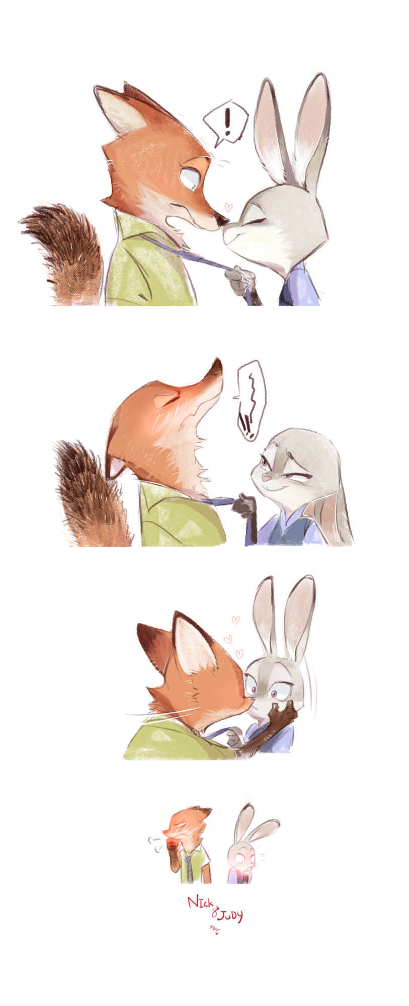 &lt;3 2016 anthro blush canine clothing comic cute dipstick_tail disney duo eyes_closed female flirting fox fur ganym0 gloves_(marking) green_eyes grey_fur hi_res judy_hopps kissing lagomorph long_ears male mammal markings multicolored_tail nick_wilde police_uniform predator/prey purple_eyes rabbit side_view simple_background size_difference tight_clothing uniform white_background zootopia