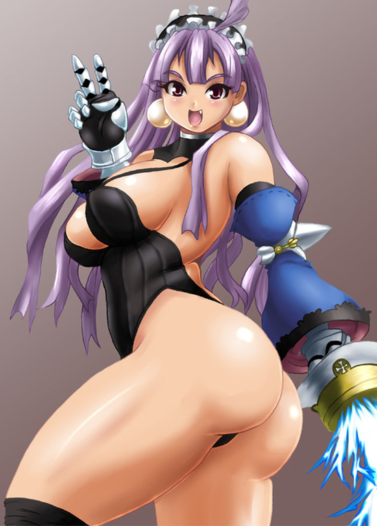 1girl ass bare_shoulders blush breasts curvy dark_eclair detached_sleeves earrings fang gloves huge_ass jewelry kihaiu la_pucelle large_breasts leotard long_hair looking_at_viewer nippon_ichi open_mouth purple_eyes purple_hair shiny shiny_hair shiny_skin smile solo sword thighhighs thong_leotard very_long_hair weapon