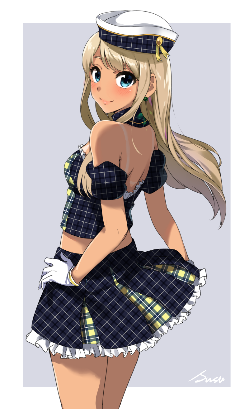 alessandra_susu backless_outfit bad_id bad_pixiv_id bare_shoulders blonde_hair blue_eyes blush earrings gloves hand_on_hip hat highres jewelry kurokin lipstick long_hair looking_at_viewer makeup midriff plaid plaid_skirt sailor_hat signature skirt solo tan tanline tokyo_7th_sisters