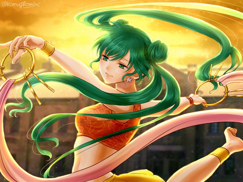 anklet bracelet dancer dancing earrings fire_emblem fire_emblem:_seisen_no_keifu green_eyes green_hair hanasaki_komugi jewelry long_hair midriff solo sylvia_(fire_emblem) twilight twintails