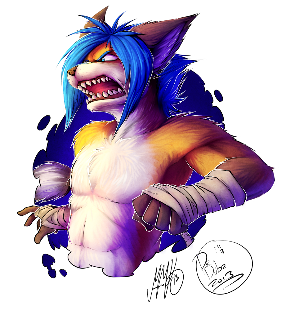 2013 5_fingers anthro blue_eyes blue_hair brown_nose canine drdubyu fox hair male mammal muscular neotheta open_mouth simple_background solo teeth tongue white_background