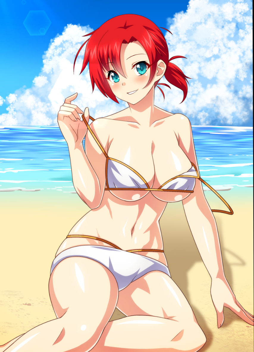 aqua_eyes arm_support bangs bare_arms bare_shoulders beach bikini blue_sky blush boudica_(fate/grand_order) breasts cleavage cloud cloudy_sky collarbone commentary_request day eyebrows_visible_through_hair fate/grand_order fate_(series) fingernails grin hair_between_eyes hand_up head_tilt holding horizon large_breasts lens_flare looking_at_viewer nakamura_tenjin navel ocean on_ground outdoors parted_bangs ponytail red_hair shadow shiny shiny_skin short_hair short_ponytail skindentation sky smile solo stomach strap_pull strap_slip string_bikini swimsuit white_bikini