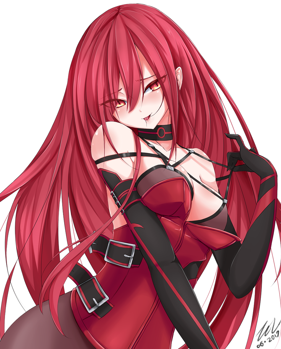 2017 artist_name bangs bare_shoulders black_choker black_gloves breasts brown_legwear choker collarbone commentary_request crimson_avenger_(elsword) dated elbow_gloves elesis_(elsword) elsword eyebrows_visible_through_hair eyes_visible_through_hair gloves gradient gradient_eyes hair_between_eyes hair_in_mouth half-closed_eyes hand_up leotard long_hair medium_breasts mouth_hold multicolored multicolored_eyes orange_eyes pantyhose pink_lips pulled_by_self red_eyes red_hair red_leotard saliva scarlet_zel signature simple_background skindentation slit_pupils solo strap_pull tongue tongue_out upper_body very_long_hair white_background yellow_eyes