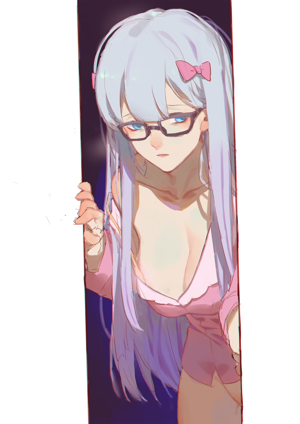 bangs bare_shoulders bespectacled blue_eyes bottomless bow breasts cleavage collarbone commentary_request cowboy_shot eromanga_sensei eyebrows_visible_through_hair glasses gradient gradient_hair groin hair_bow hands_up highres izumi_sagiri large_breasts lavender_hair leaning_forward long_hair long_sleeves looking_at_viewer mature multicolored_hair off_shoulder older open_mouth out-of-frame_censoring outside_border pajamas pink_bow pink_shirt purple_hair red-framed_eyewear red_cucumber shirt silver_hair solo standing