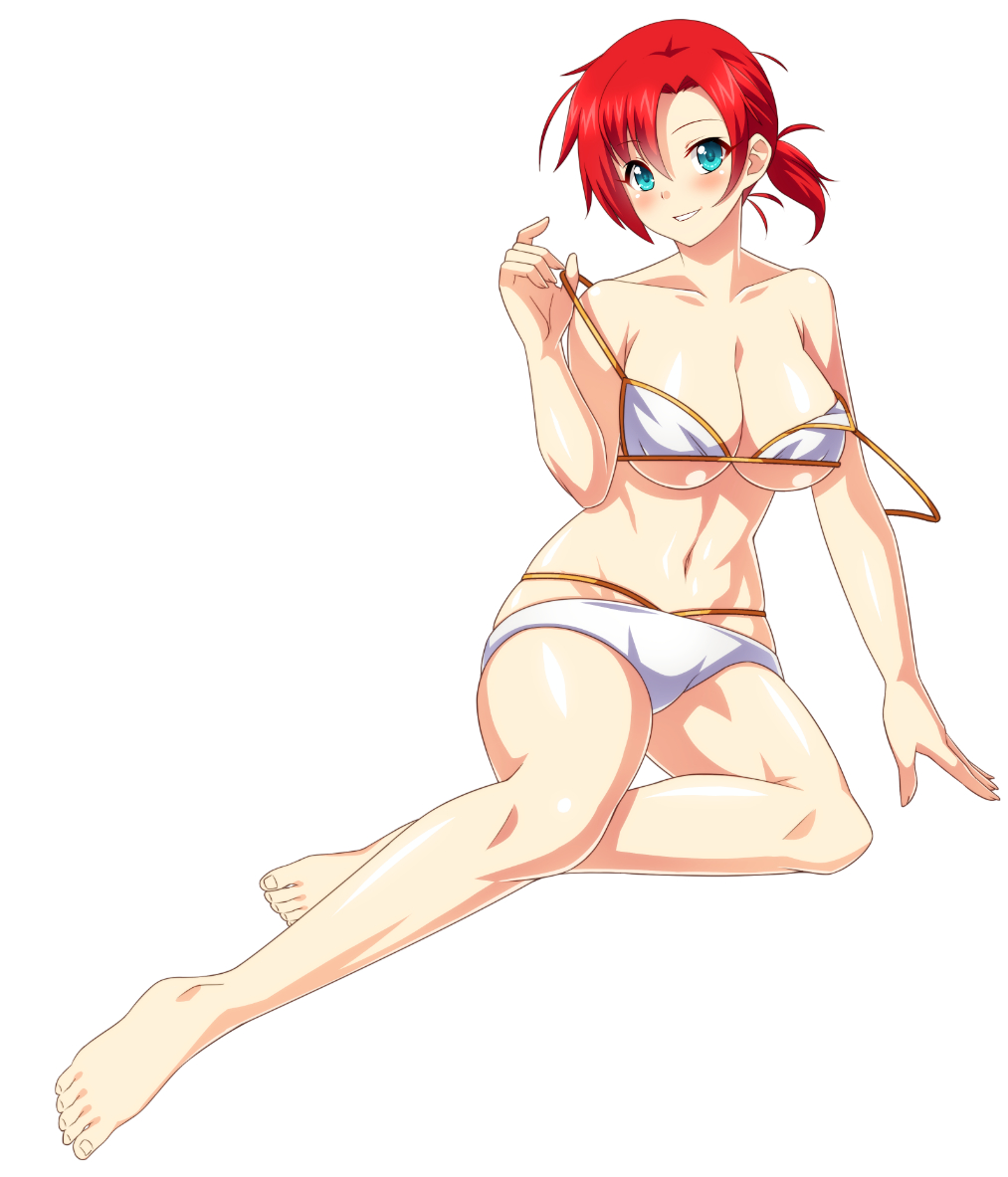 aqua_eyes arm_support bangs bare_arms bare_legs bare_shoulders bikini blush boudica_(fate/grand_order) breasts cleavage collarbone eyebrows_visible_through_hair fate/grand_order fate_(series) fingernails full_body grin hair_between_eyes hand_up head_tilt holding large_breasts legs looking_at_viewer nakamura_tenjin navel parted_bangs ponytail red_hair shiny shiny_skin short_hair short_ponytail simple_background skindentation smile solo stomach strap_pull strap_slip string_bikini swimsuit toenails white_background white_bikini