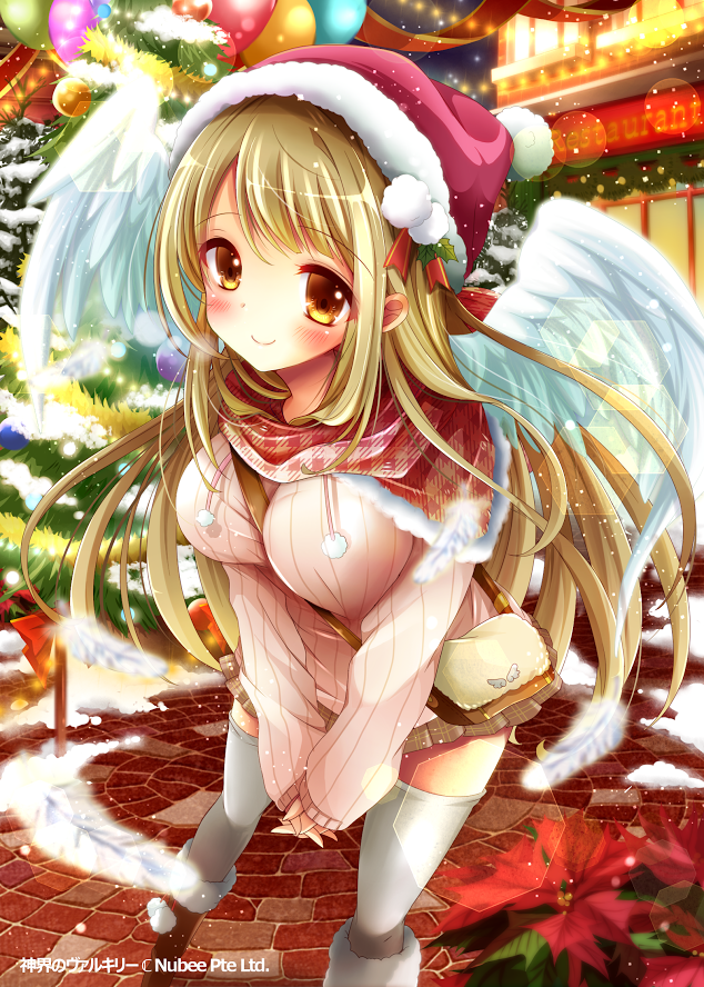 angel_wings bag between_breasts blonde_hair blush boots breasts christmas_lights christmas_ornaments christmas_tree cleavage company_name handbag hat knee_boots large_breasts long_hair long_sleeves official_art picpicgram red_hat santa_hat shinkai_no_valkyrie smile solo strap_cleavage sweater thighhighs white_legwear wings yellow_eyes