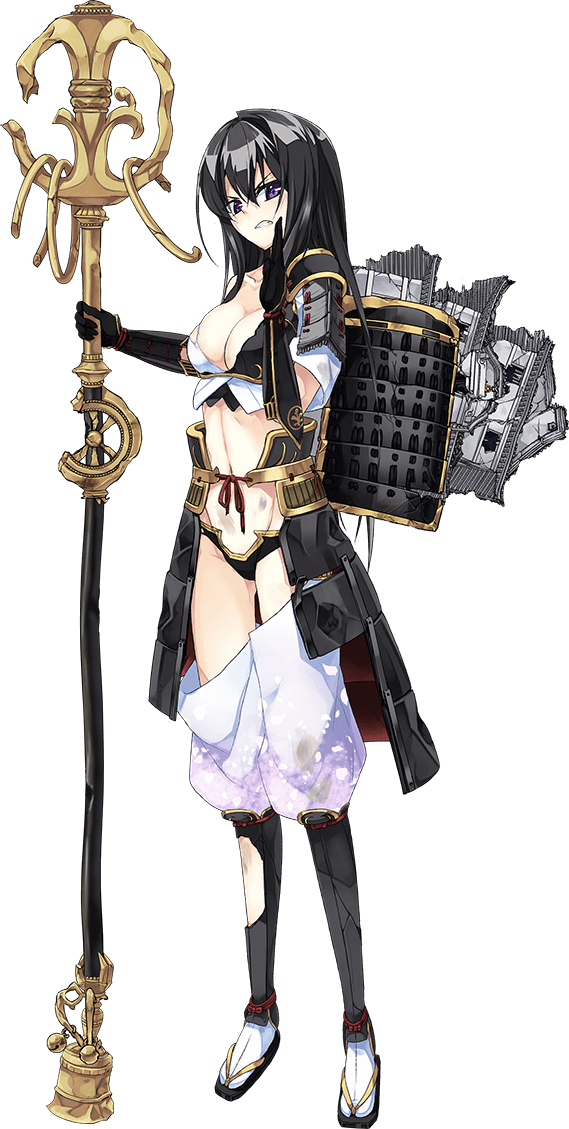 angry armor beads black_hair breasts broken_armor broken_staff castle cleavage clenched_teeth frown full_body glaring gloves holding holding_staff kanzaki_karuna large_breasts long_hair looking_at_viewer looking_to_the_side midriff navel official_art open_mouth oshiro_project oshiro_project_re otaki_(oshiro_project) panties purple_eyes shachihoko short_sleeves solo staff standing teeth torn_clothes transparent_background underwear