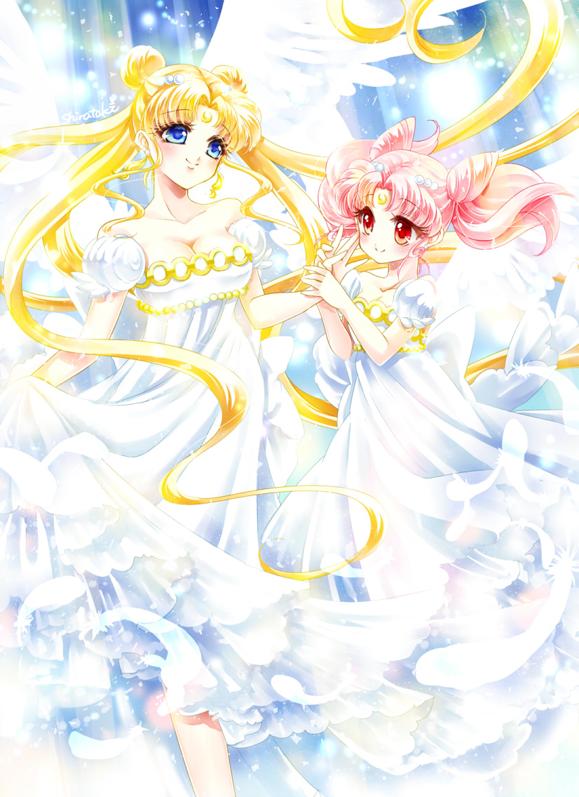 bishoujo_senshi_sailor_moon blonde_hair blue_eyes breasts chibi_usa cleavage crescent double_bun dress facial_mark feathered_wings feathers forehead_mark hair_ornament hairpin long_hair looking_at_another medium_breasts multiple_girls pink_hair princess_serenity red_eyes shirataki_kaiseki short_hair small_lady_serenity smile tsukino_usagi twintails white_dress white_wings wings