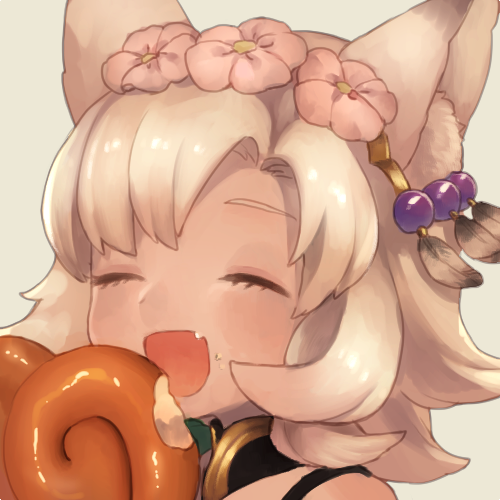 :d ^_^ animal_ears bangs blush closed_eyes dark_skin eating erune fang flower food food_on_face granblue_fantasy grey_background hair_flower hair_ornament lowres melleau munuko open_mouth pink_flower portrait simple_background smile solo upper_body