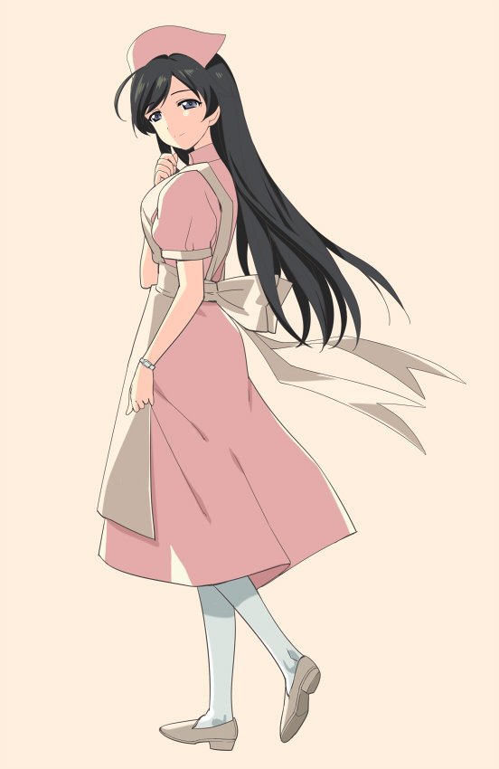 a1 ahoge apron bangs beige_background black_hair blue_eyes clenched_hand closed_mouth commentary_request cosplay dress from_side full_body girls_und_panzer hat isuzu_hana long_hair nurse nurse_cap pantyhose pink_dress shoes simple_background smile solo swept_bangs very_long_hair white_footwear white_legwear yakin_byoutou