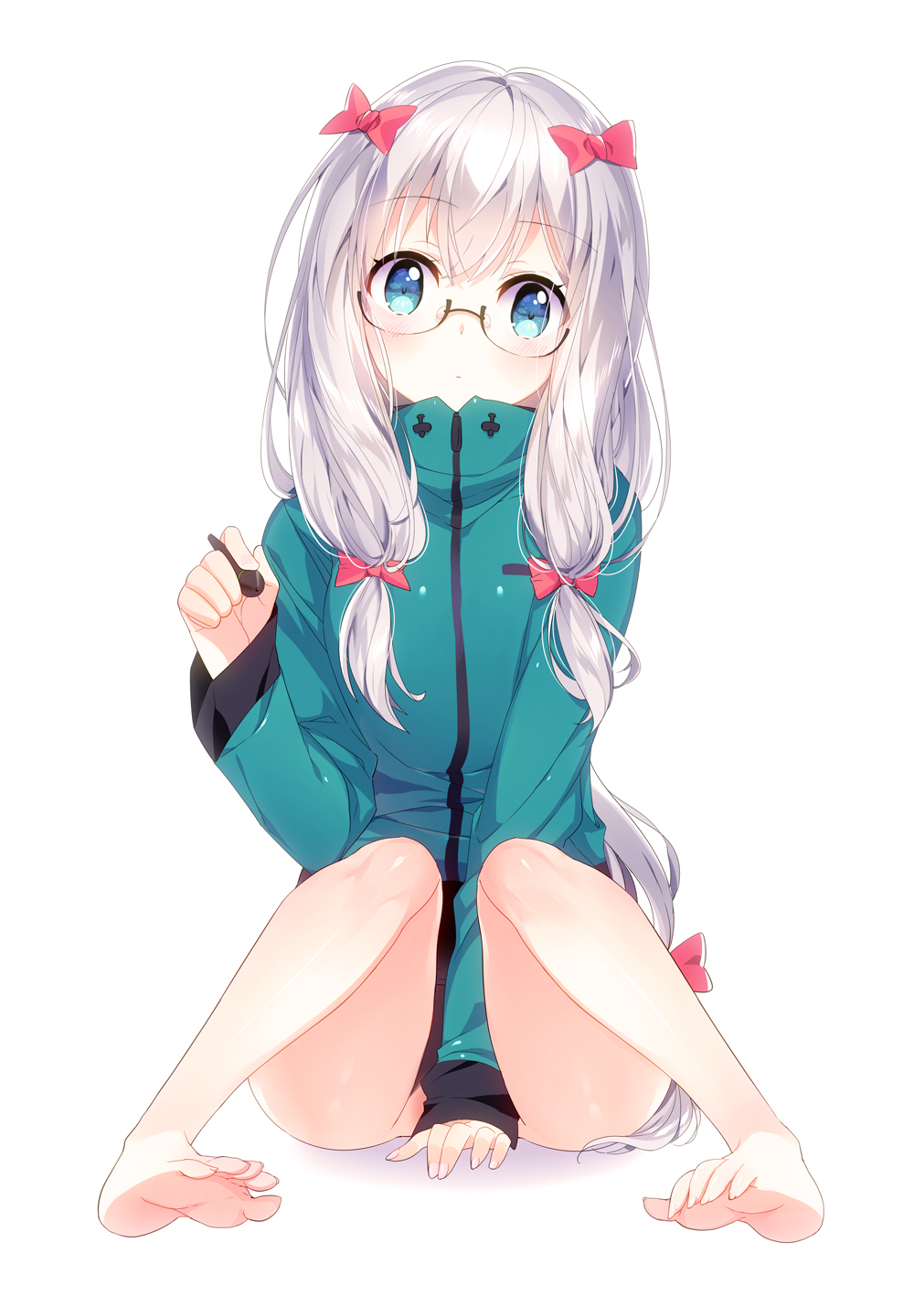 bad_perspective barefoot bespectacled blue_eyes bottomless bow cherry_(kjvp4842) covering covering_crotch eromanga_sensei full_body glasses highres izumi_sagiri jacket long_hair looking_at_viewer pink_bow semi-rimless_eyewear silver_hair sitting sleeves_past_wrists stylus under-rim_eyewear very_long_hair white_background