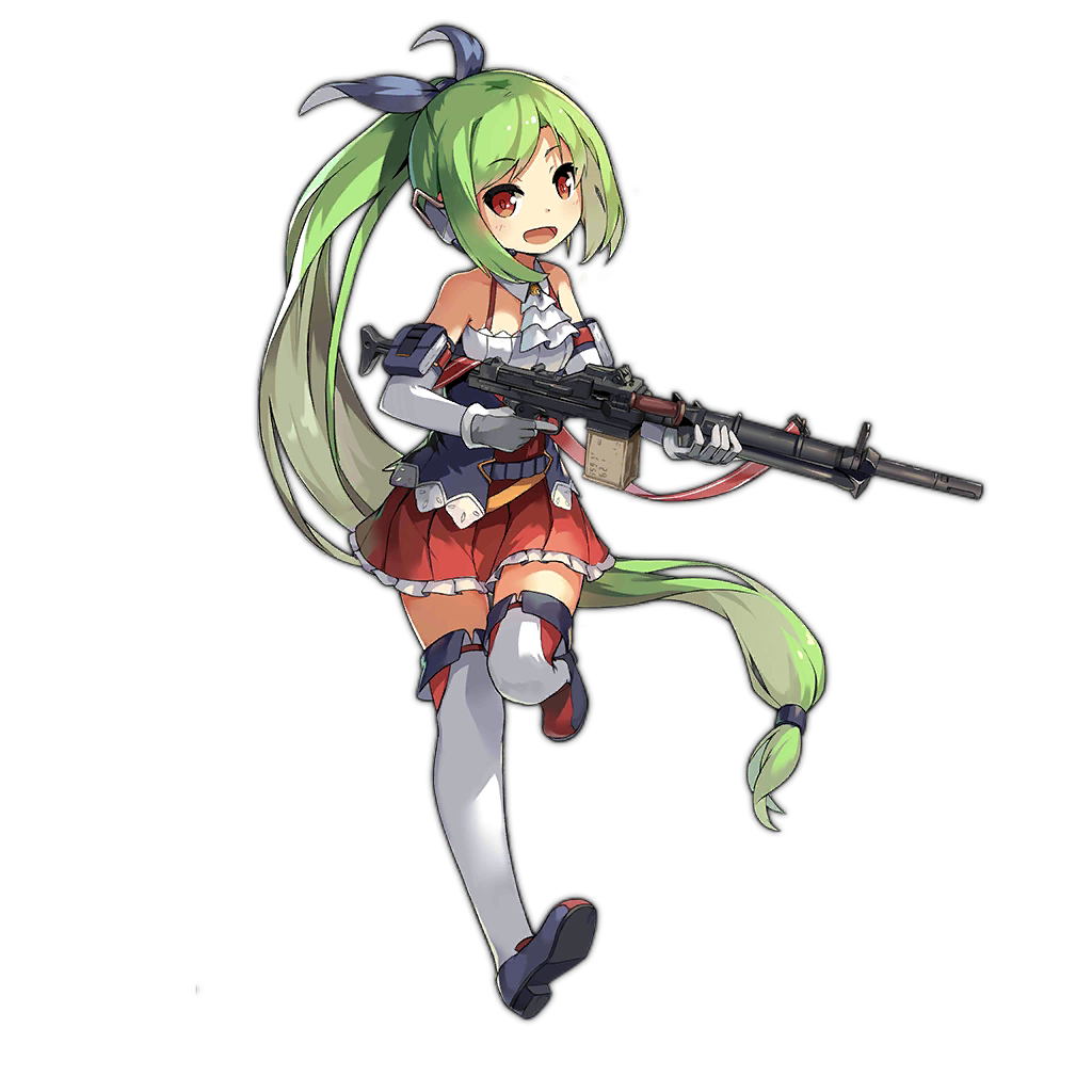 :d aat-52_(girls_frontline) detached_sleeves full_body girls_frontline gloves green_eyes gun hair_ribbon lino-lin long_hair looking_at_viewer low-tied_long_hair machine_gun open_mouth ponytail ribbon smile solo thighhighs transparent_background very_long_hair weapon