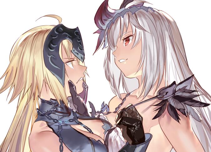 bad_id bad_twitter_id bare_shoulders blonde_hair breasts chin_hold cleavage collarbone dark_jeanne fate/grand_order fate_(series) feathers gloves granblue_fantasy hair_ornament headpiece holy_pumpkin jeanne_d'arc_(alter)_(fate) jeanne_d'arc_(fate) jeanne_d'arc_(fate)_(all) jeanne_d'arc_(granblue_fantasy) medium_breasts multiple_girls namesake red_eyes strap_pull white_hair yellow_eyes