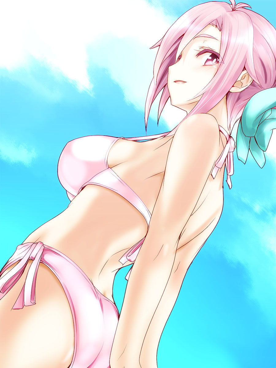 amatsuka_megumi_(gj-bu) arched_back arms_behind_back ass back bikini blue_sky bow breasts cloud commentary day gj-bu hair_bow highres light_smile looking_back medium_breasts parted_lips pink_bikini pink_eyes pink_hair short_hair side-tie_bikini sideboob silve sky solo swimsuit