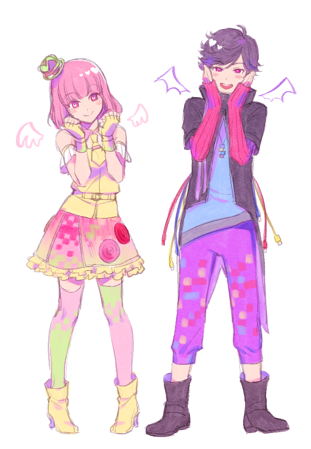 1girl boots brown_footwear cable fingerless_gloves gloves hands_on_own_cheeks hands_on_own_face high_heel_boots high_heels jacket jewelry kamen_rider kamen_rider_ex-aid_(series) necklace open_mouth parad pendant pink_eyes pink_hair pink_skirt poppi_pipopapo purple_hair rin2010 round_teeth skirt sleeves_past_wrists smile teeth thighhighs yellow_footwear yellow_gloves zettai_ryouiki