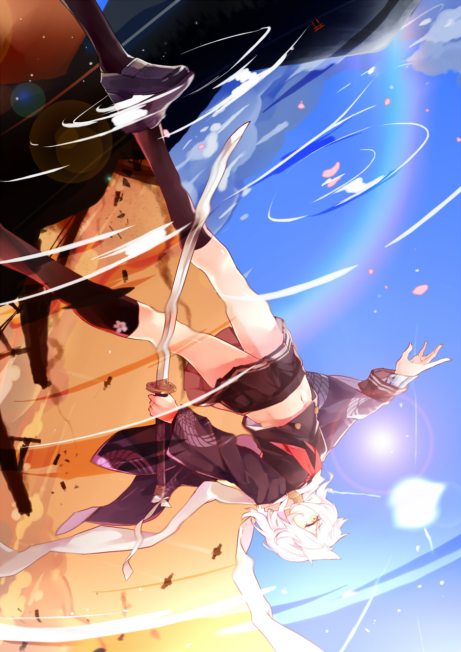 \m/ aircraft animal_ears arm_at_side azur_lane battlefield black_footwear black_legwear black_serafuku black_skirt blue_sky breasts broken cloud condensation_trail crop_top crop_top_overhang day debris dust_cloud flower haori highres holding holding_sword holding_weapon japanese_clothes katana kneehighs legs_apart lens_flare loafers long_sleeves looking_away maya_(azur_lane) midriff miniskirt navel neckerchief orange_sky out_of_frame outdoors outstretched_arm parted_lips petals pink_flower pleated_skirt profile puddle rainbow reaching red_neckwear reflection ribbon ripples scarf school_uniform serafuku shoes short_hair skirt sky small_breasts smoke solo split_theme standing standing_on_liquid sunlight sword unsheathed water weapon white_hair white_scarf yellow_eyes yetworldview_kaze