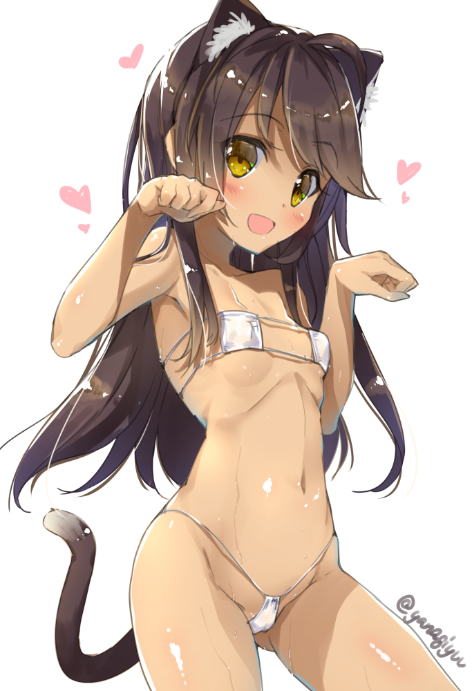 animal_ears ass_visible_through_thighs bad_id bad_pawoo_id bikini black_hair blush breasts cat_ears cat_tail cowboy_shot dark_skin eyepatch_bikini heart long_hair looking_at_viewer micro_bikini navel open_mouth original paw_pose shiny shiny_hair simple_background small_breasts smile solo stomach swimsuit tail twitter_username white_background white_bikini yanagi_yuu yellow_eyes