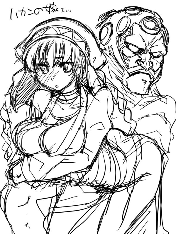 1girl bent_over braid breast_hold breasts cleavage facial_hair greyscale hakan hat husband_and_wife large_breasts long_hair melike monochrome mustache no_pupils sketch street_fighter street_fighter_iv_(series) tokita_monta twin_braids