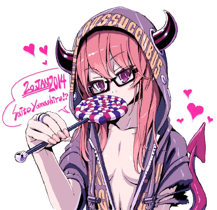breasts candy character_request cleavage clothes_writing collarbone copyright_request dated demon_horns demon_tail food glasses hair_between_eyes heart hood hood_up hoodie horns jewelry lollipop long_hair nail_polish pink_nails purple_eyes red_hair ring saitou_teikoku short_sleeves small_breasts solo tail torn_clothes tsurime white_background