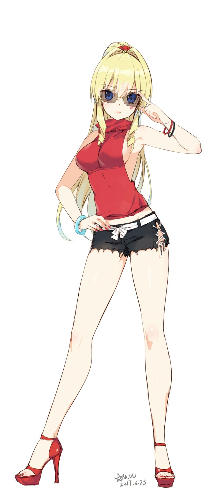 blonde_hair blue_eyes bracelet breasts closed_mouth contrapposto cropped cutoffs delores_(mvv) full_body hand_on_hip high_heels highres jewelry long_hair looking_at_viewer medium_breasts midriff mvv nail_polish no_socks original ponytail short_shorts shorts sideboob sidelocks simple_background solo standing sunglasses toenail_polish white_background