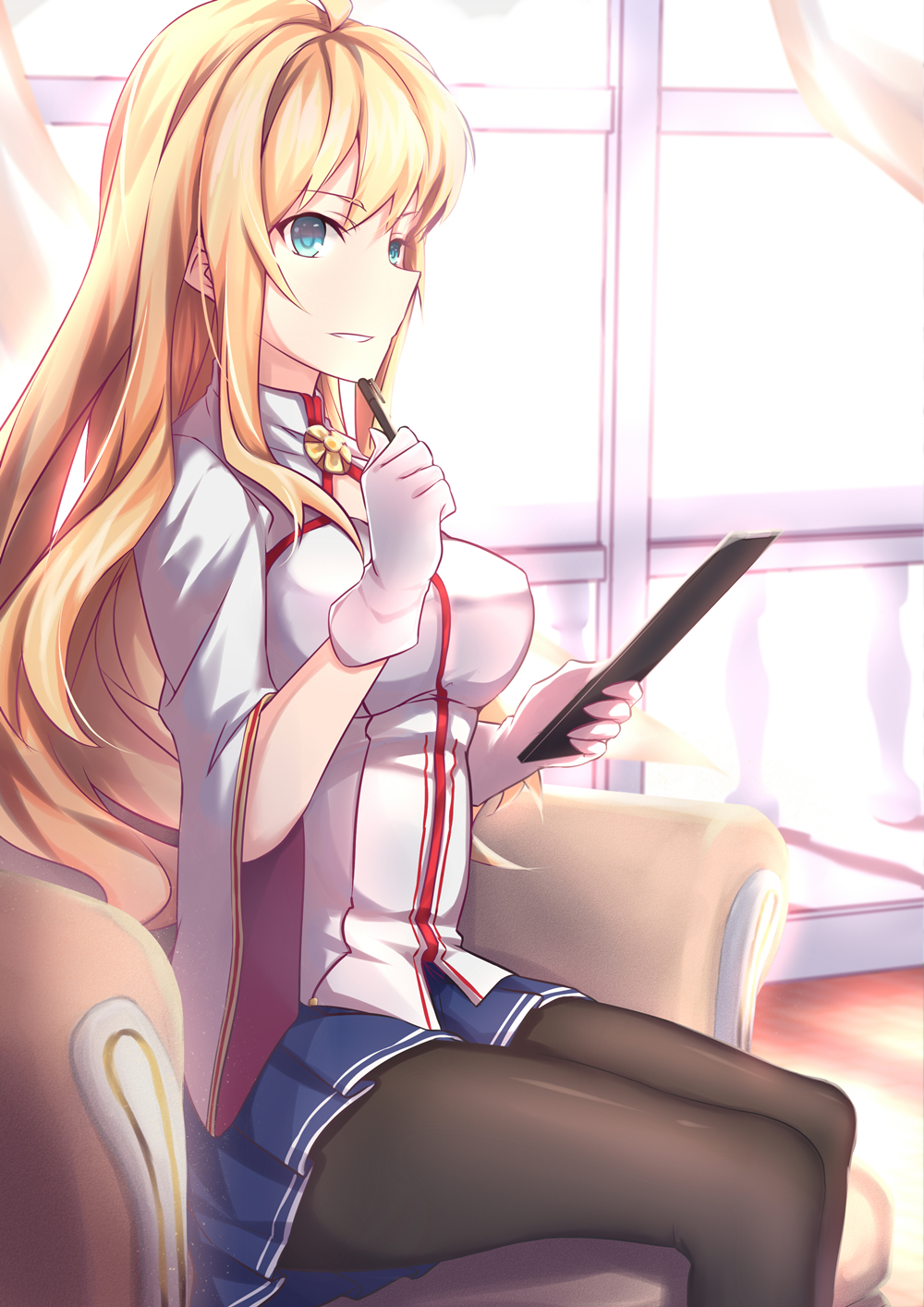 black_legwear blonde_hair blue_eyes blue_skirt booklet couch cowboy_shot curtains day from_side gloves green_eyes hand_up highres holding holding_pen indoors jacket kongou_(zhan_jian_shao_nyu) legs_together light long_hair looking_to_the_side open_mouth pantyhose pen pen_to_chin pleated_skirt shadow sitting skirt smile solo sunlight white_gloves white_jacket wide_sleeves window zhan_jian_shao_nyu zhixiang_zhi