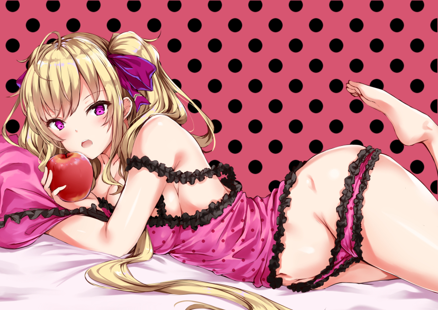 1girl :o apple armpit_crease bangs bare_shoulders barefoot blonde_hair blush breasts cleavage collarbone eyebrows_visible_through_hair food frilled_panties frilled_shirt frills fruit groin hair_ribbon holding holding_food holding_fruit leg_up lingerie long_hair looking_at_viewer lying medium_breasts nijisanji on_stomach open_mouth panties pillow pink_panties pink_shirt polka_dot polka_dot_background purple_eyes purple_ribbon ribbon romeo_to_cinderella_(vocaloid) shirt sidelocks solo strap_slip takamiya_rion thighs two_side_up underwear upper_teeth virtual_youtuber yukishiro_arute