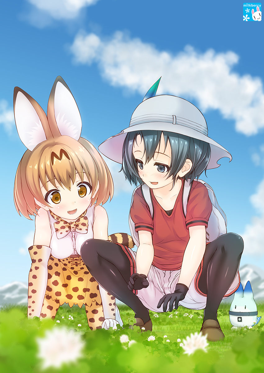 animal_ears backpack bag bangs black_gloves black_legwear blonde_hair blurry bow bowtie brown_footwear circle_name cloud cloudy_sky collar commentary day depth_of_field elbow_gloves full_body fur_collar gloves hat hat_feather head_wreath helmet high-waist_skirt highres kaban_(kemono_friends) kemono_friends kisaragi_miyu kneeling looking_at_another lucky_beast_(kemono_friends) multiple_girls outdoors pantyhose pantyhose_under_shorts parted_lips pink_shorts pith_helmet red_shirt serval_(kemono_friends) serval_ears serval_print serval_tail shirt shoes short_hair shorts skirt sky sleeveless sleeveless_shirt smile squatting striped_tail tail watermark yellow_eyes