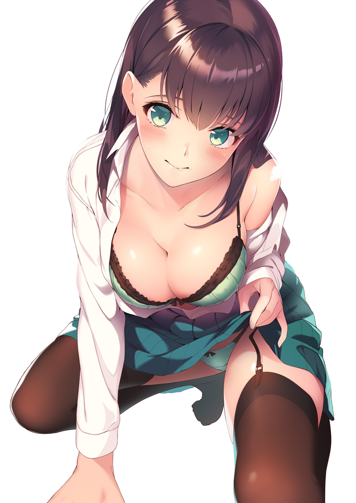 aqua_bra aqua_eyes aqua_panties arm_support black_legwear blouse blush bra breasts brown_hair cleavage collarbone commentary_request garter_straps kneeling large_breasts leaning_forward lifted_by_self lips long_hair looking_at_viewer no_shoes open_blouse open_clothes original panties ryuji_(ikeriu) shiny shiny_skin skirt skirt_lift solo thighhighs thighs underwear