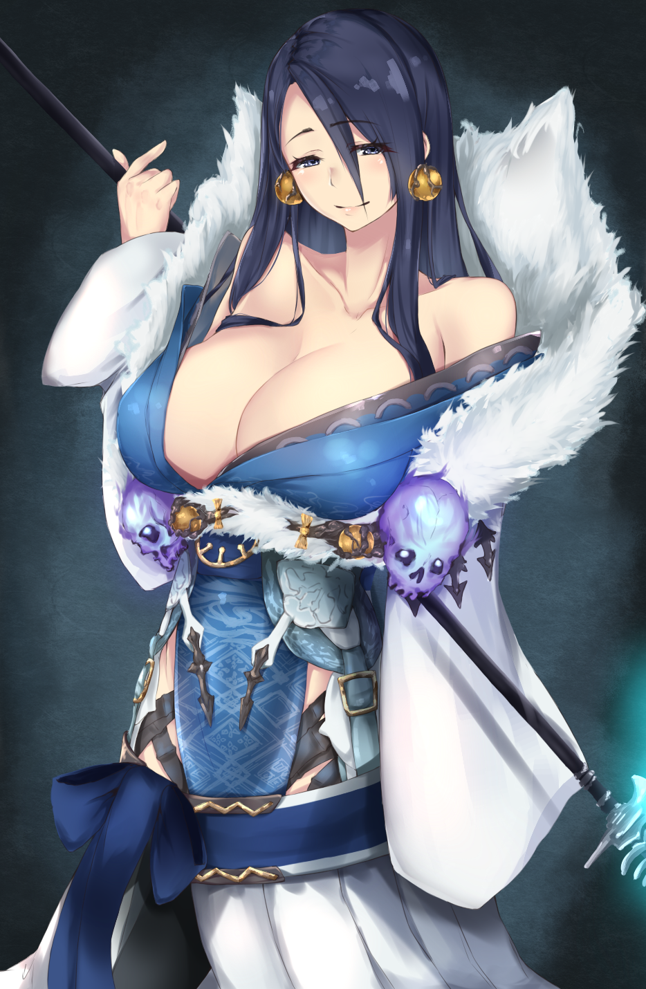 black_hair blue_eyes blush breasts closed_mouth collarbone commentary_request cowboy_shot dress earrings fur_trim highres japanese_clothes jewelry kaguya_hime_(sinoalice) kimono large_breasts long_hair long_neck long_sleeves looking_at_viewer off-shoulder_dress off_shoulder sinoalice skull smile solo tokorotn wide_sleeves