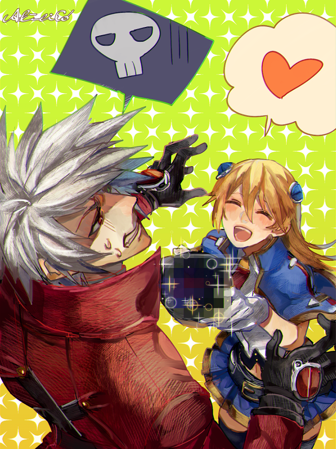 1girl :d ^_^ akilico blazblue blazblue:_calamity_trigger blazblue:_central_fiction blazblue:_chronophantasma blazblue:_continuum_shift blonde_hair censored censored_food clenched_teeth closed_eyes food gloves heart jacket navel noel_vermillion open_mouth ragna_the_bloodedge red_eyes signature skirt smile spoken_heart spoken_skull sweatdrop teeth white_hair