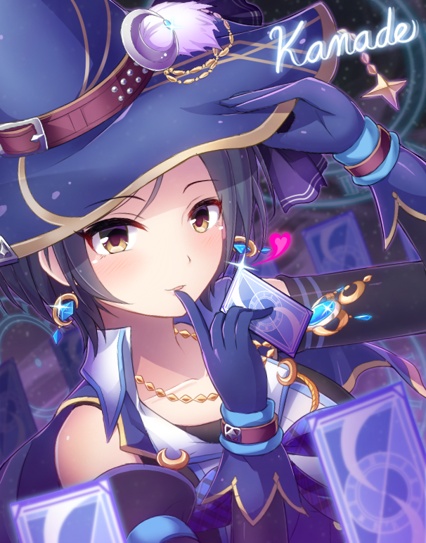 adjusting_clothes adjusting_hat bangs black_hair blush earrings gloves hat hayami_kanade heart idolmaster idolmaster_cinderella_girls jewelry looking_at_viewer necklace parted_bangs qixi_cui_xing short_hair smile solo witch_hat yellow_eyes
