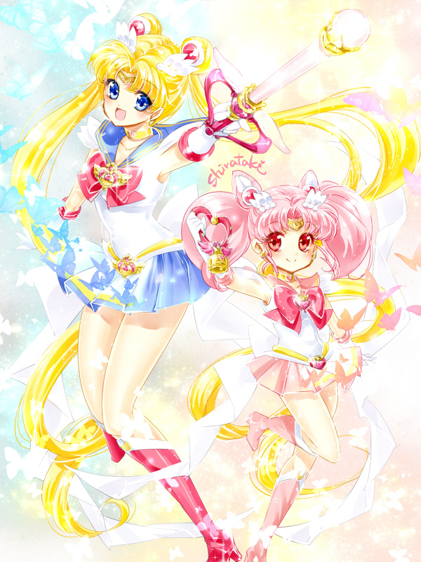 :d bishoujo_senshi_sailor_moon blonde_hair blue_eyes blue_sailor_collar blue_skirt boots bow brooch bug butterfly chibi_usa choker circlet closed_mouth crystal_carillon double_bun elbow_gloves full_body gloves hair_ornament hairpin holding holding_wand insect jewelry kaleidomoon_scope long_hair looking_at_viewer magical_girl multiple_girls open_mouth pink_footwear pink_hair pink_sailor_collar pink_skirt red_bow red_eyes red_footwear sailor_chibi_moon sailor_collar sailor_moon sailor_senshi_uniform shirataki_kaiseki short_hair signature skirt smile super_sailor_chibi_moon super_sailor_moon tsukino_usagi twintails wand white_gloves yellow_choker