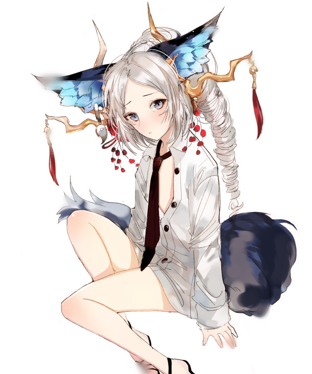 animal_ear_fluff animal_ears arms_at_sides bangs black_footwear blade_&amp;_soul blue_eyes bottomless braid buttons closed_mouth dress_shirt drill_hair flat_chest french_braid hair_ornament highres horns long_hair long_sleeves looking_at_viewer lyn_(blade_&amp;_soul) naked_shirt naru_(ul) necktie no_bra open_clothes open_shirt original parted_bangs ponytail red_neckwear shirt shoes simple_background sitting solo tail tassel white_background white_hair white_shirt