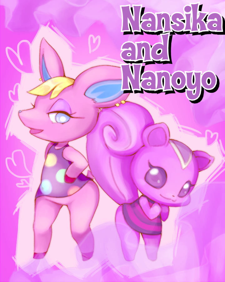 &lt;3 :3 :d abstract_background animal_crossing bangs bare_shoulders bent_over big_ears big_tail black_shirt blonde_hair blue_eyes bottomless cervine clothed clothing cute deer digital_media_(artwork) duo ear_piercing eyelashes featureless_crotch female flat_chested front_view fuchsia_(animal_crossing) full-length_portrait fur hair half-closed_eyes hand_on_hip hooves kemono leaning leaning_forward looking_at_viewer mammal mouth_closed multicolored_fur nice-helium nintendo open_mouth peanut_(animal_crossing) piercing pink_fur pink_tail pink_theme polka_dots portrait purple_eyes purple_fur purple_hooves purple_nose purple_stripes purple_tail raised_tail rodent semi-anthro shirt short_hair sleeveless sleeveless_shirt small_ears small_tail smile spread_legs spreading squirrel standing striped_clothing stripes tank_top thick_tail video_games white_fur white_pupils wide_hips