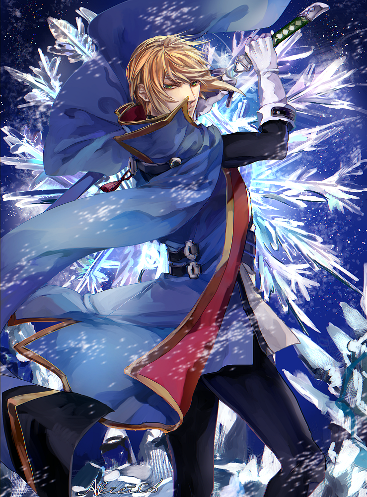 akilico blazblue blazblue:_calamity_trigger blazblue:_central_fiction blazblue:_chronophantasma blazblue:_continuum_shift blonde_hair holding holding_sword holding_weapon ice jacket jin_kisaragi katana looking_at_viewer male_focus sheath sheathed snowflakes solo sword weapon