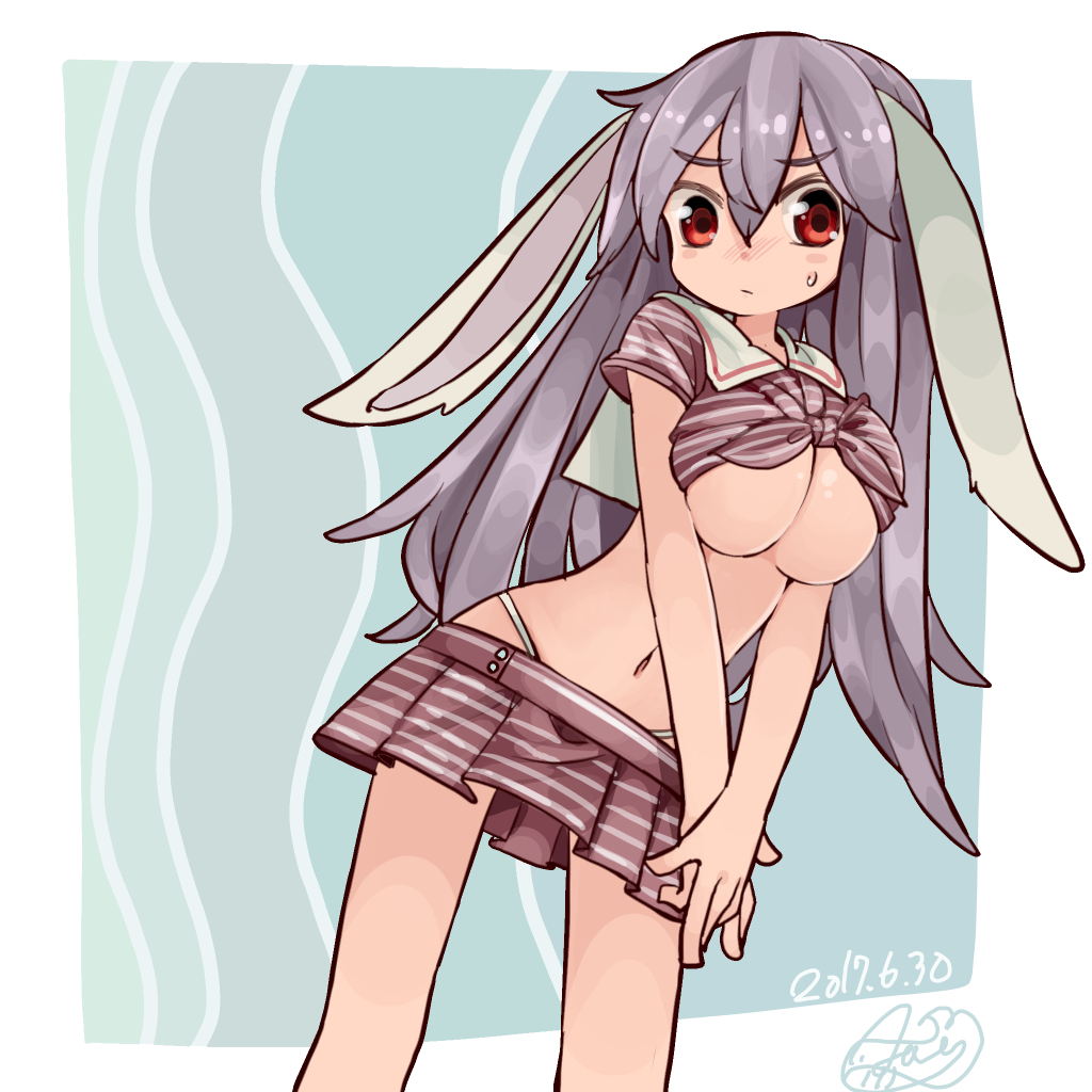 aioi_aoi animal_ears breasts bunny_ears dated hair_between_eyes large_breasts long_hair looking_at_viewer microskirt navel purple_hair red_eyes reisen_udongein_inaba sailor_collar shirt short_sleeves skirt solo striped striped_skirt sweatdrop tied_shirt touhou underboob