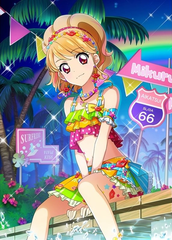 aikatsu! aikatsu!_(series) aikatsu!_photo_on_stage!! anklet beads between_legs blonde_hair bow bush character_name flower hand_between_legs hibiscus highlights jewelry multicolored multicolored_clothes multicolored_hair natsuki_mikuru necklace night night_sky palm_tree pink_eyes ponytail rainbow road_sign route_66 sign sitting sky sleeveless star tree water water_drop yellow_bow